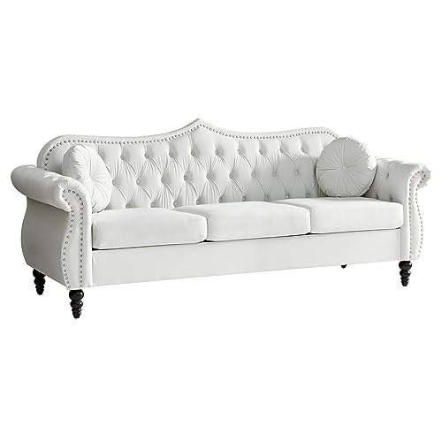 AVZEAR 82" Three Seater Sofa, Chesterfield Sofa, Mid-Century Modern Velvet Upholstered Sofa, Deep Button Tufted Living Room Sofa with Two Throw Pillows, White