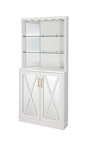 Home Source 68'' Mirrored Corner Bar Cabinet, Versatile Storage Solution with Glass/Mirrored Doors for Liquor and Wine Glasses, Home Bar or Coffee Station to Any Lounge or Dining Room (White)