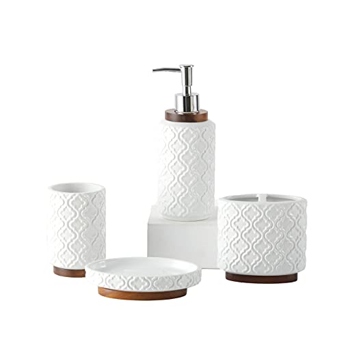 RQYIXI Bathroom Accessories Set 4 Pcs Toothbrush Holder Soap Dispenser Ceramic and Wood Bathroom Set Contain Toothbrush Cup Soap Dish Tumbler Black