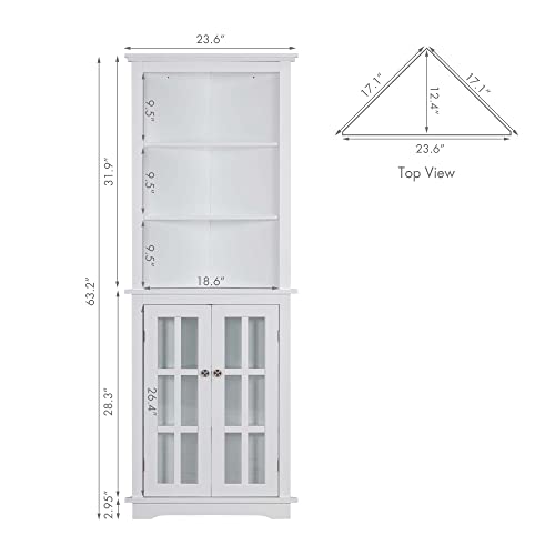 Spirich Home Bathroom Tall Corner Storage Cabinet, Floor Slim Display Storage Cabinet with Windowpane Glass Doors and Adjustable Shelves for Bathroom, Kitchen, Living Room or Bedroom, White