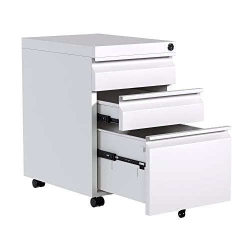 Reemoon Metal File Cabinet for Home Office, Under Desk Mobile File Storage Cabinet 3 Drawer, Small Rolling Filing Cabinet with Lock, White