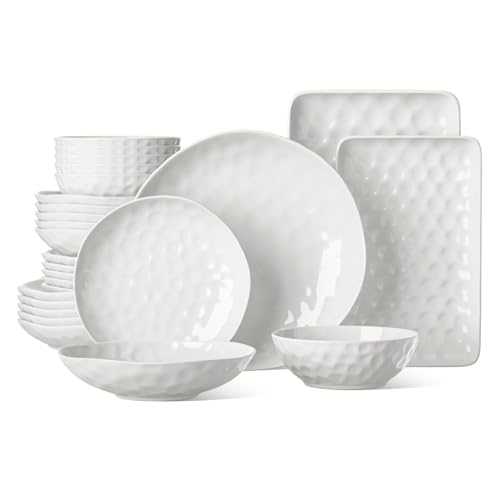 HOMBENE Plates and Bowls Sets, 26 Piece w/Rectangula Dinnerware Sets, Porcelain Dinner Set with Plates, Bowls and Serving Platters, Modern Dish Set for 6