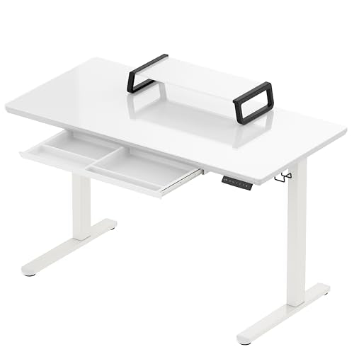 SHW 48-Inch Glass Electric Height Adjustable Desk with Monitor Riser and Drawer, White