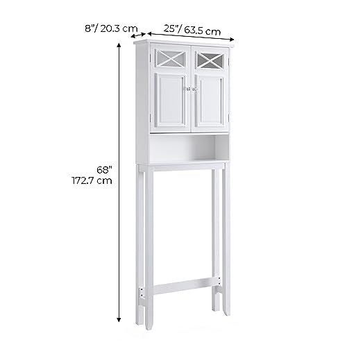 Teamson Home Dawson Wooden 2-Door Over The Toilet Space Saver Cabinet with Interior Adjustable Shelf and Open Shelf, White with Chrome Knobs