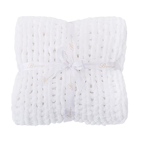 Bigacogo Chunky Knit Blanket Throw 51"x63", 100% Hand Knitted Chenille Throw Blanket, Big Soft Thick Yarn Cable Knit Blanket, Large Rope Knot Crochet Throw Blankets for Couch Bed Sofa (White)