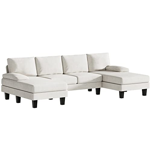 JUMMICO Convertible Sectional Sofa Couch, 4 Seat Sofa Set for Living Room with Throw Pillows, U-Shaped Modern Minimalist Fabric Modular Sofa with Double Chaise & Memory Foam (White)