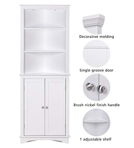 Spirich Home Tall Corner Cabinet with Two Doors and Three Tier Shelves, Free Standing Corner Storage Cabinet for Bathroom, Kitchen, Living Room or Bedroom, White