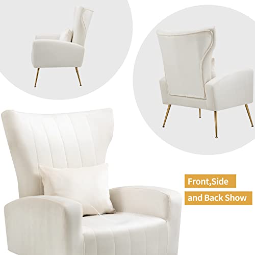 WQSLHX Living Room Chairs Set of 2 with Lumbar Pillow, Velvet Accent Chair with High Back Mid Century Armchair for Bedroom with Armrest, Arm Chair with Golden Metal Legs, White