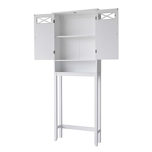 Teamson Home Dawson Wooden 2-Door Over The Toilet Space Saver Cabinet with Interior Adjustable Shelf and Open Shelf, White with Chrome Knobs