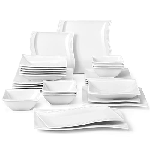 MALACASA Plates and Bowls Sets, 26 Piece Ivory White Square Dinnerware Sets for 6, Porcelain Dinnerware Set with Dinner Plate Set, Cereal Bowls and Serving Platters, Kitchen Dish Set, Series Flora