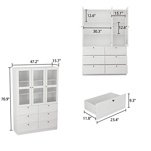 AIEGLE Large Bookshelf Set, Tall Bookcase Display Bookshelf with 6-Drawer & Acrylic Doors, Home Office Display Storage Cabinet, White (47.2" W x 15.7" D x 70.9" H)