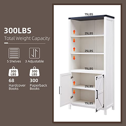 JXQTLINGMU Farmhouse Storage Cabinet, 5 Shelf Bookshelf, Bookcase, Pantry Cabinet, Versatile Storage Cabinet with Doors and Adjustable Shelves for Living Room, Bedroom, Kitchen (White)