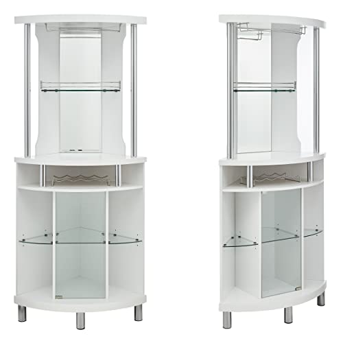 Home Source White Corner Bar Cart 72" Built-in Wine Rack, and Lower Glass Cabinet, Living Room, Home Office, Kitchen, Small Space