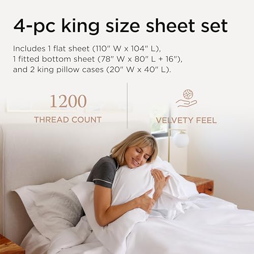 Threadmill Luxury Supima Cotton Sheets, 1200 Thread Count 100% Cotton Sheets for King Size Mattress, 4 Pc White King Size Sheets Set, 5-Star Hotel Quality with Elasticized Deep Pocket King Sheets