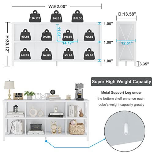 FATORRI 8 Cube Storage Organizer Bookshelf, Rustic Wood Cubby Bookcase, Industrial Horizontal Long Shelf for Living Room (White Oak, 62 Inch)