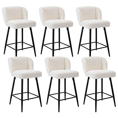 RIVOVA 26 inch Counter Height Bar Stools with Back Set of 6 for Kitchen Counter Modern BarStools Faux Sherpa Upholstered Counter Stools with Footrest for Club Pub Bistro, White