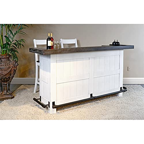 Pemberly Row 78" Farmhouse Wood Home Bar Unit Cabinet with Stemware Rack, Wine Rack for Dining Room Kitchen in Off White Dark Brown