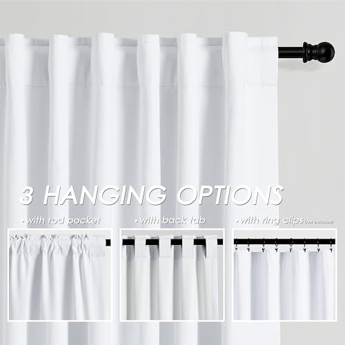 Full Black Out White Window Curtain Panels 102 Inches Long 2 Panels Set for Living Room Cotton Textured Long Blackout Curtains With White Backing Thermal Insulated Drapes for Winter Nursery Bedroom