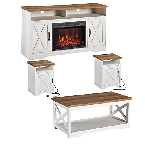 AMERLIFE 4-Piece Farmhouse Table Set for Living Room - Includes 54" Fireplace TV Stand, 1 X Coffee Table & 2 X End Tables with Charging Station, Rustic Oak & White