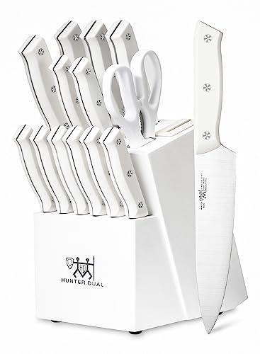 HUNTER.DUAL Knife Set, 15 Piece Kitchen Knife Set with Block Self Sharpening, Dishwasher Safe, Anti-slip Handle, White