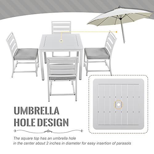 EMKK 5-Piece Indoor Outdoor Wicker Dining Set Furniture for Patio, Backyard w/Square Glass Tabletop, Umbrella Cutout, 4 Chairs, H-White