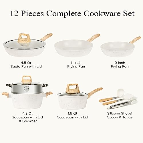 SODAY Pots and Pans Set Non Stick, 12 Pcs Kitchen Cookware Sets Induction Cookware Granite Cooking Set with Frying Pans, Saucepans, Steamer Silicone Shovel Spoon & Tongs (White)