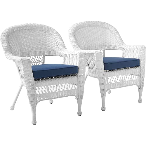 Jeco Wicker Chair with Blue Cushion, Set of 2, White/W00206-