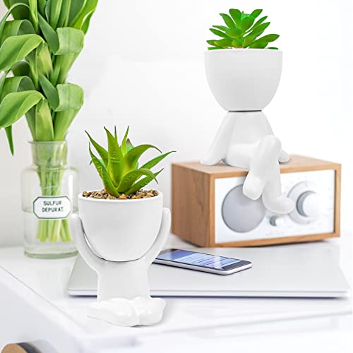 LJMBOEN 4 PCS Cute Fake Succulent with Creative Human Shaped Pots,Mini Ceramic Plant Potted Succulents for Women Men,Faux Succulents Plants for Office,Home,Bathroom and Shelf Decor (White)