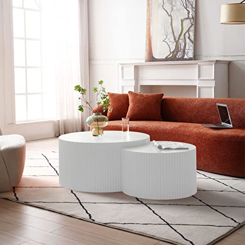 KEVINSPACE Coffee Table Set of 2 Modern, Living Room Nesting Table Round 2-Piece, No Assembly Required Wooden Circle End Table Set Accent Furniture for Bedroom Balcony Library,White