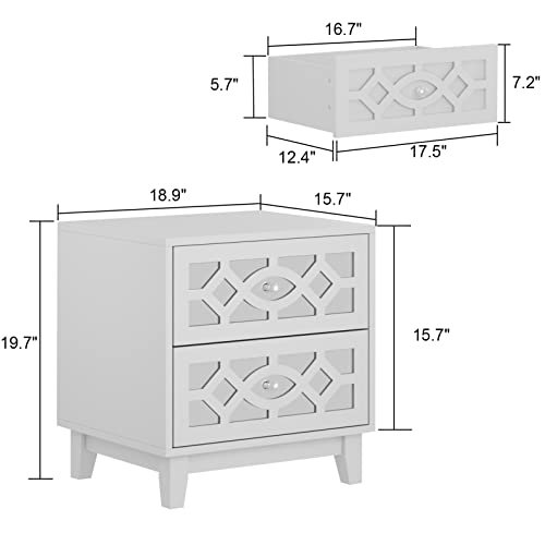 AIEGLE Mirror Nightstand Set of 2, Wooden Accent Chest Dresser with 2 Mirrored Drawers, Decorative End Table Bed Side Table Bedroom Storage Set, White (18.9" W x 15.7" D x 15.7" H)