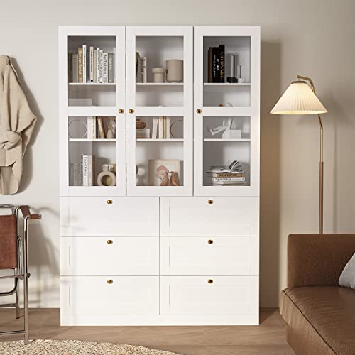 AIEGLE Large Bookshelf Set, Tall Bookcase Display Bookshelf with 6-Drawer & Acrylic Doors, Home Office Display Storage Cabinet, White (47.2" W x 15.7" D x 70.9" H)