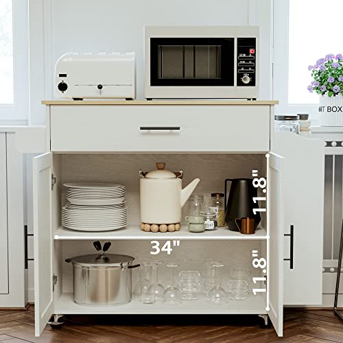 IRONCK Kitchen Island with Storage, Rolling Kitchen Island on Wheels with Drop Leaf, 3 Open Spice Rack Shelf, Door Cabinet, Drawer, Kitchen Cart Island Table for Kitchen, White