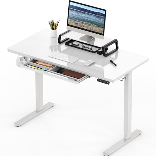 SHW 48-Inch Glass Electric Height Adjustable Desk with Monitor Riser and Drawer, White