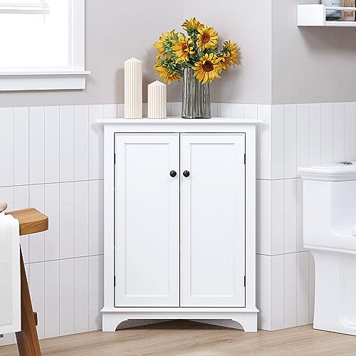 Spirich Floor Corner Cabinet with Doors and Shelves, Freestanding Bathroom Corner Storage Cabinet for Bathroom, Kitchen, Living Room, Bedroom, White