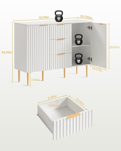 SICOTAS White Storage Cabinet with Drawers, Fluted Sideboard Buffet Cabinet Featuring Spray-Painted Finish, Credenza Accent Cabinet Console Table with Drawers for Entryway, Living Room, Dining Room