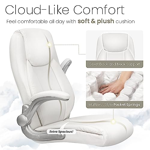 NEO CHAIR Ergonomic Office Chair PU Leather Executive Chair Padded Flip Up Armrest Computer Chair Adjustable Height High Back Lumbar Support Wheels Swivel for Gaming Desk Chair (White)