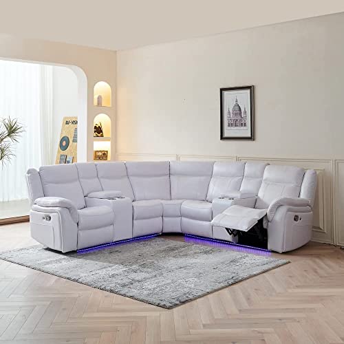 ELIASER White Manual Recliner Sectional Sofa Couch Faux Leather Living Room, Luxury Home Theater Office Furniture Sets w/ 2 Comfy Recline Seat LED Light Cup Holder USB Port Storage Console