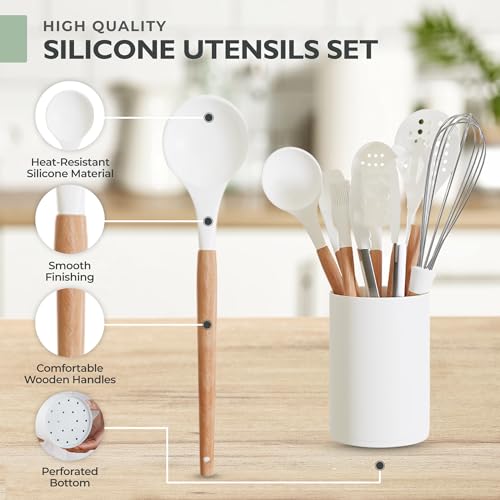 Five14 Silicone Cooking Utensils, Kitchen Utensils, Cooking Utensils Set - Silicone Spatula, Tongs, Ladle, Serving Spoons-Non-Stick, BPA Free Kitchen Utensils Set with Holder (Design 01)