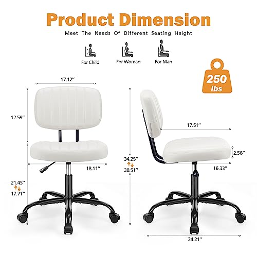 Armless Small Desk Chair - Home Office Chair with Wheels, PU Leather Low Back Task Chair with Lumbar Support, Adjustable Height 360° Rolling Swivel Computer Chair without Arm for Small Space