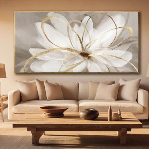 SOUGUAN Room Decor Large Canvas Wall Art Living Room Decor Gold Wall Decor Line Picture Artwork White Floral Wall Decor Modern Painting for Bathroom Bedroom Office 30x60in