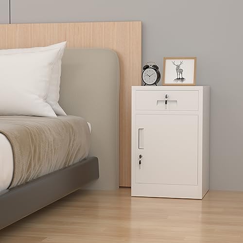 JINGUR Metal Storage Cabinet with Locking Door and Drawer, Lockable Drawer Chest with Adjustable Shelf for Home Office Bedroom Living Room (White)