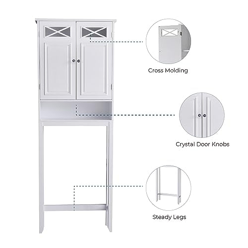 Teamson Home Dawson Wooden 2-Door Over The Toilet Space Saver Cabinet with Interior Adjustable Shelf and Open Shelf, White with Chrome Knobs