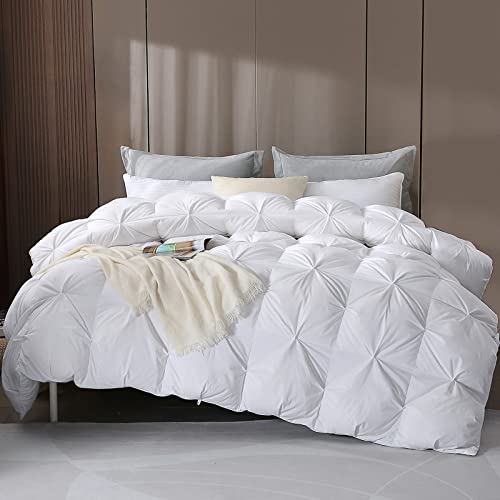 DWR Pinch Pleat Goose Feathers Down Comforter King Size, Ultra Soft Cotton Blend Cover, Luxury Fluffy Duvet Insert with 8 Corner Tabs, All-Season Medium Warm Bed Comforter(White, 106"x90")