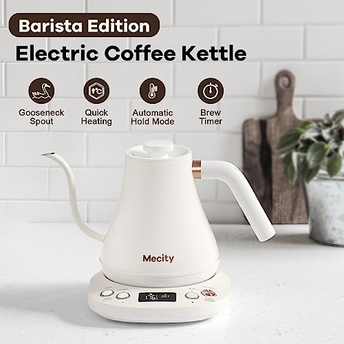 Mecity Electric Gooseneck Kettle With Keep Warm Function & LCD Display Automatic Shut Off Coffee Kettle Temperature Control Pour Over Kettle 1200 Watt, 0.8L, 120V, Milk White