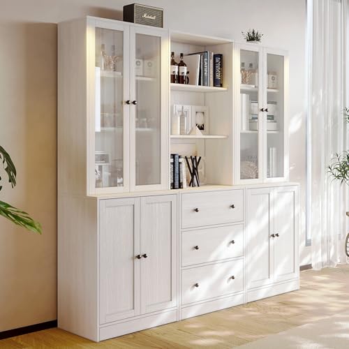 VOWNER Vertical File Cabinet, 3-Tier Modern Bookshelf with 3 Large Drawer, Wood Filing Cabinet with Open Storage Shelf, Glass Doors and Fixed Storage Shelves for Home Office, White