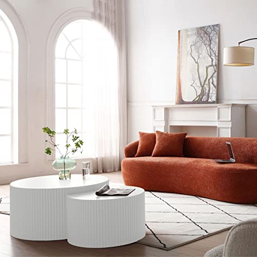 KEVINSPACE Coffee Table Set of 2 Modern, Living Room Nesting Table Round 2-Piece, No Assembly Required Wooden Circle End Table Set Accent Furniture for Bedroom Balcony Library,White