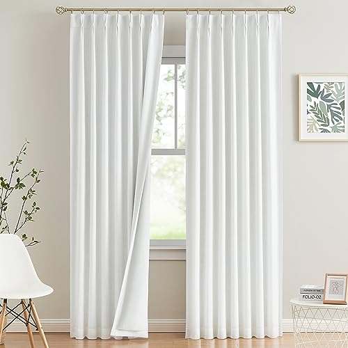 Vision Home White Pinch Pleated Full Blackout Curtains Thermal Insulated Window Curtains 95 inch for Living Room Bedroom Room Darkening Pinch Pleat Drapes with Hooks Back Tab 2 Panel 40" Wx95 L