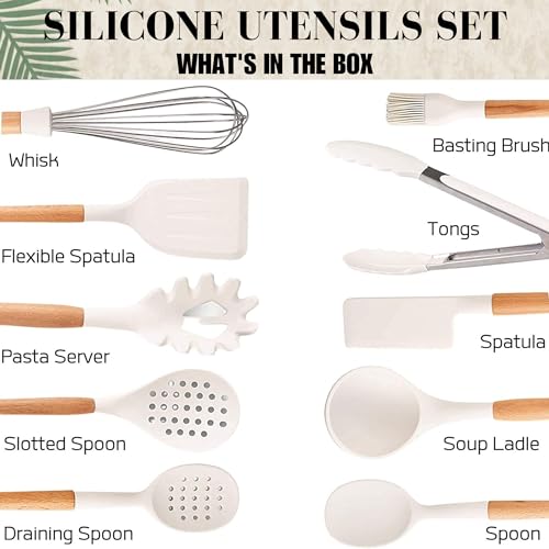 Five14 Silicone Cooking Utensils, Kitchen Utensils, Cooking Utensils Set - Silicone Spatula, Tongs, Ladle, Serving Spoons-Non-Stick, BPA Free Kitchen Utensils Set with Holder (Design 01)