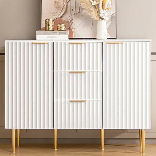 SICOTAS White Storage Cabinet with Drawers, Fluted Sideboard Buffet Cabinet Featuring Spray-Painted Finish, Credenza Accent Cabinet Console Table with Drawers for Entryway, Living Room, Dining Room