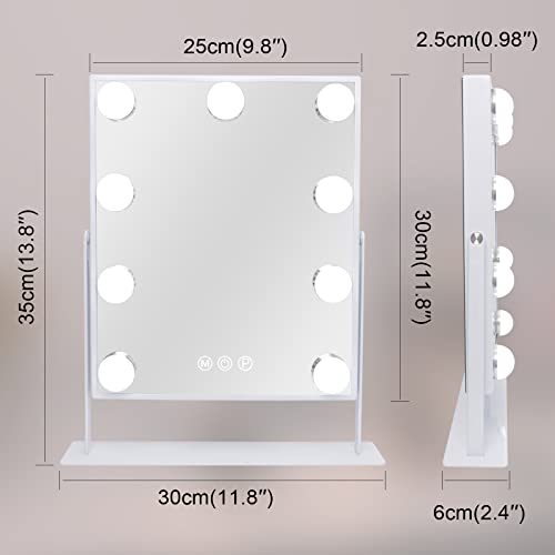 Leishe Vanity Mirror with Lights Hollywood Lighted Makeup Mirror with 9 Dimmable Bulbs & 3 Color Lighting Modes, Detachable 10X Magnification Mirror and 360 Degree Rotation(White)